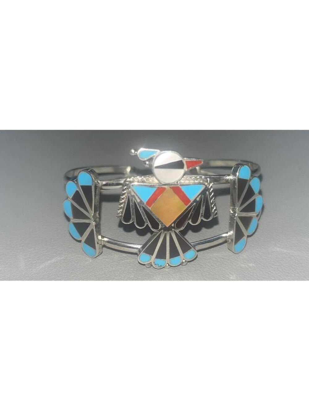 Zuni sterling silver inlay thunderbird turquoise statement bracelet traditional